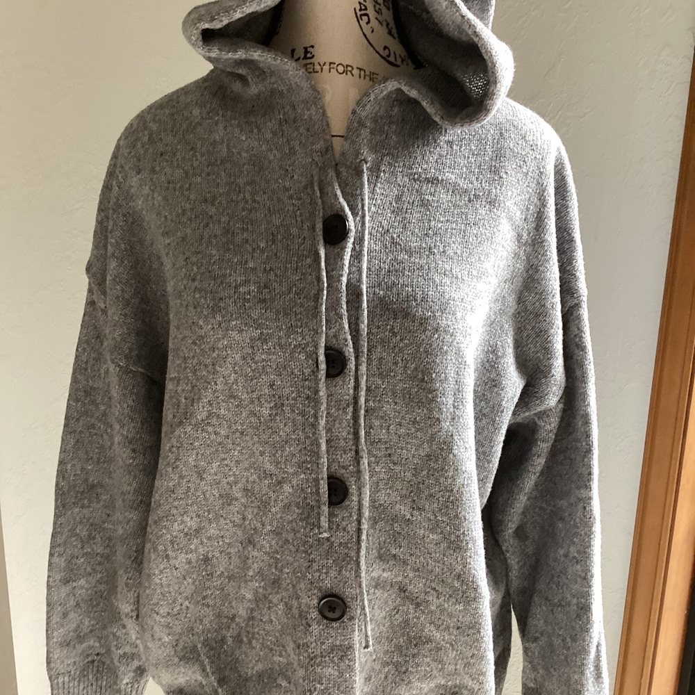 Big Gray Drawstring Hooded Button Front Sweater - image 1